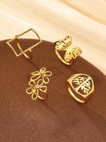 4pcs Stainless Steel Gold Rectangular, Flower, Butterfly, Tree Ring Set, Gift For Valentine's Day, Mother's Day - Yellow Gold - View 1
