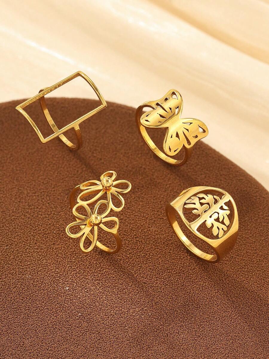 4pcs Stainless Steel Gold Rectangular, Flower, Butterfly, Tree Ring Set, Gift For Valentine's Day, Mother's Day - Yellow Gold - View 1