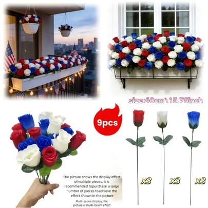 9 bông hoa giả màu đỏ, trắng và xanh dương mang đậm tinh thần yêu nước, thích hợp trang trí ngoài trời cho Ngày Độc lập, Lễ kỷ niệm, Ngày Tưởng niệm, trang trí hiên nhà/bàn ăn/lò sưởi/nghĩa trang/tiệc tùng, trang trí Ngày Tưởng niệm/Ngày Cựu chiến binh mang tính yêu nước.
