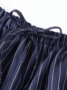 Women's Striped Shorts Summer Fashionable Casual Lace Hem Drawstring Shorts with Pockets - Azul Marino - Ver 7