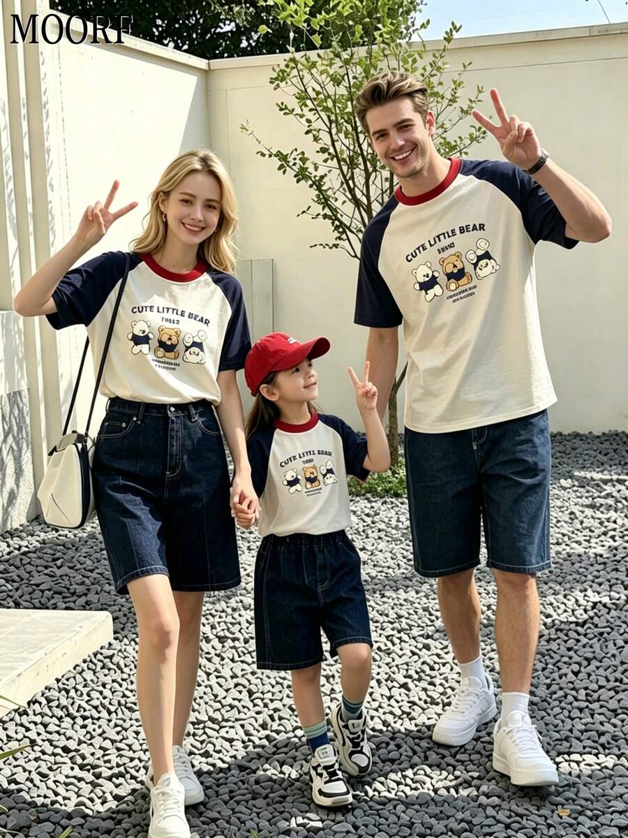 MOORF 2026 Family Matching Color-Blocked Short Sleeve T-Shirts,100% Cotton Casual Beach Tees For Family Of Three - người lớn - Xem 1