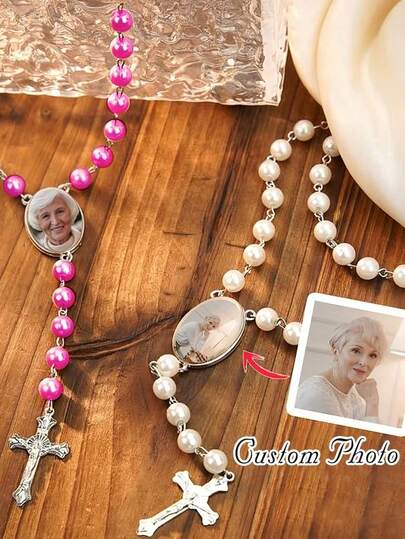 1 pieza Collar de cruz con cuentas personalizado, collar de mujer, se puede incrustar fotos, regalo del Día de la Madre, regalo conmemorativo, regalo familiar ideal, moda primavera 2026