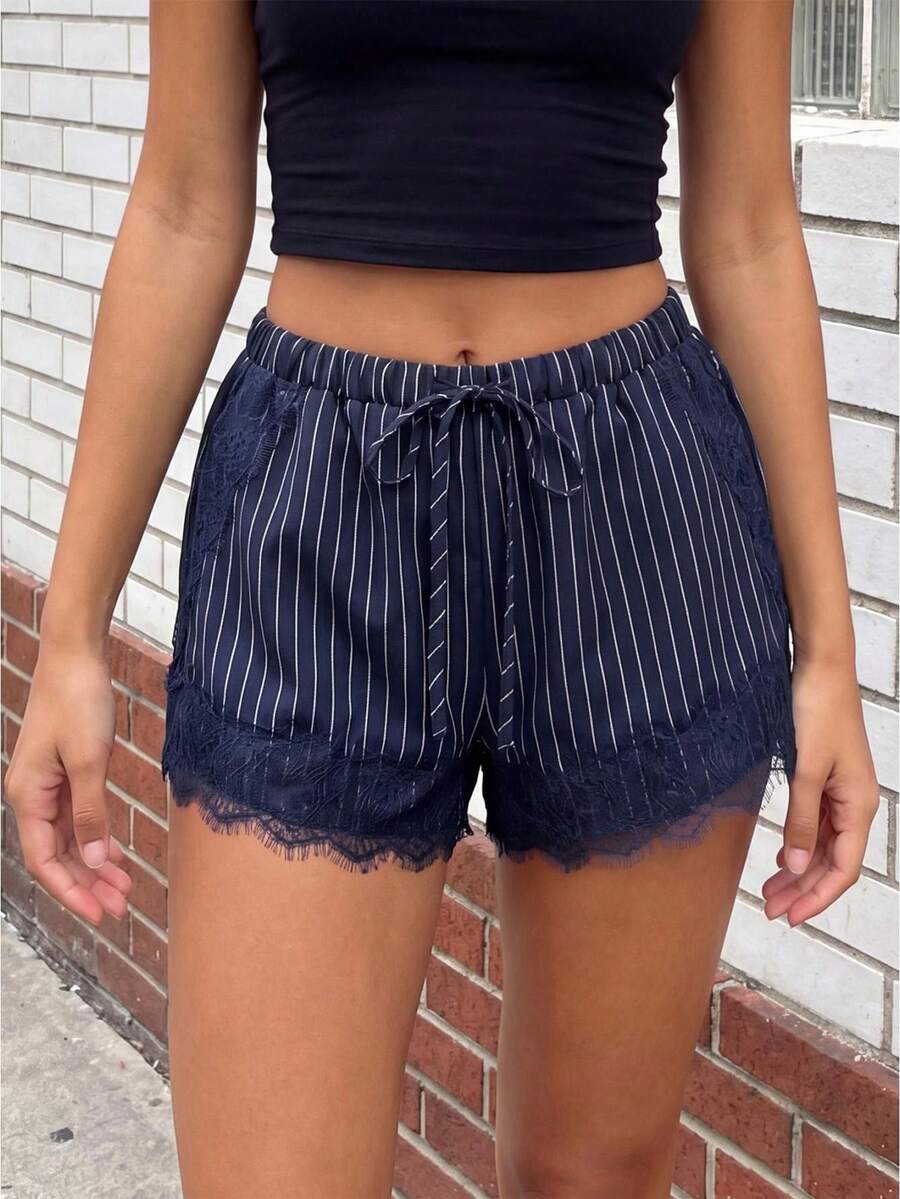 Women's Striped Shorts Summer Fashionable Casual Lace Hem Drawstring Shorts with Pockets - Azul Marino - Ver 1