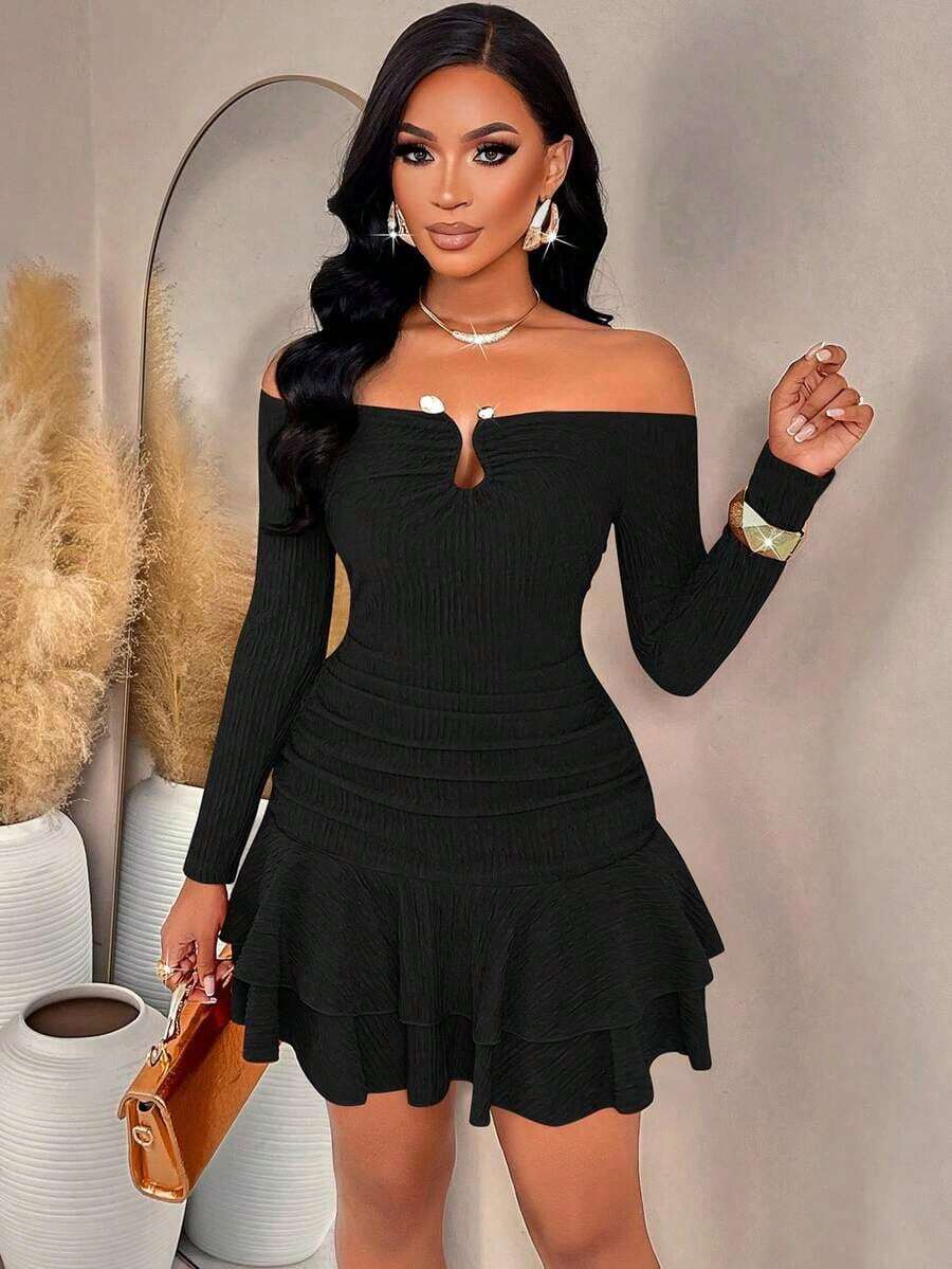 AIJ Vestido mini de manga larga con hombros abiertos, volantes y botones metálicos asimétricos, unicolor amarillo, elegante y casual para uso diario, vestido de fiesta de Navidad, para mujer en otoño/invierno y primavera, color negro - Negro - Ver 1