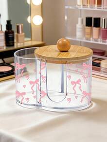Mini Pink Bow Pattern 2In1 Bamboo Lid Plastic Storage Box, Desktop Makeup Storage Box With Double Round Holes, Suitable For Makeup Brushes, Beauty Tools Bag, Make Up Organizer, Vanity Accessories,Make Up Bags, Gift Ideas For Women(Product Is A Mini) - Multicolor - View 3