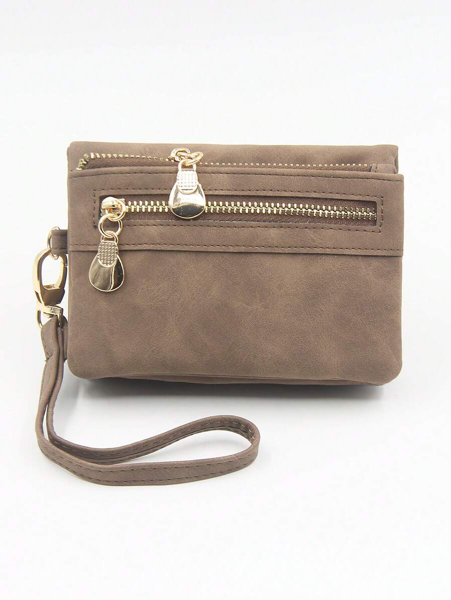 1pc Coffee Color Short Wallet, Matte PU Leather Handbag, Multi-Card Slots ID Card Holder, Folding Double Zipper Coin Purse, Student Gift Collection Pouch