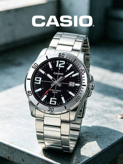 Casio 卡西欧 MTP-VD01D-1B 男士不锈钢表带石英表，休闲配饰，男士礼物