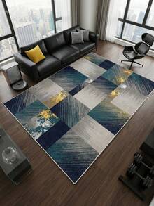1pc Large Size Living Room Carpet With Blue-Green Color Block Patchwork Pattern, Fresh Spring/Summer Design, Soft & Comfortable Texture, Easy Care, Non-Slip Bottom, Suitable For Living Room, Bedroom, Kitchen, Dining Room, Entryway, Office And Other Home Decor - Teal Blue - View 6