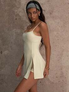 PinkTip Vestido de yoga convertible con pantalones cortos de compresión incorporados, soporte de espalda cruzado, protección solar UPF50+, tela elástica de 4 direcciones que absorbe la humedad, adecuado para gimnasio y actividades al aire libre en verano - Albaricoque - Ver 6