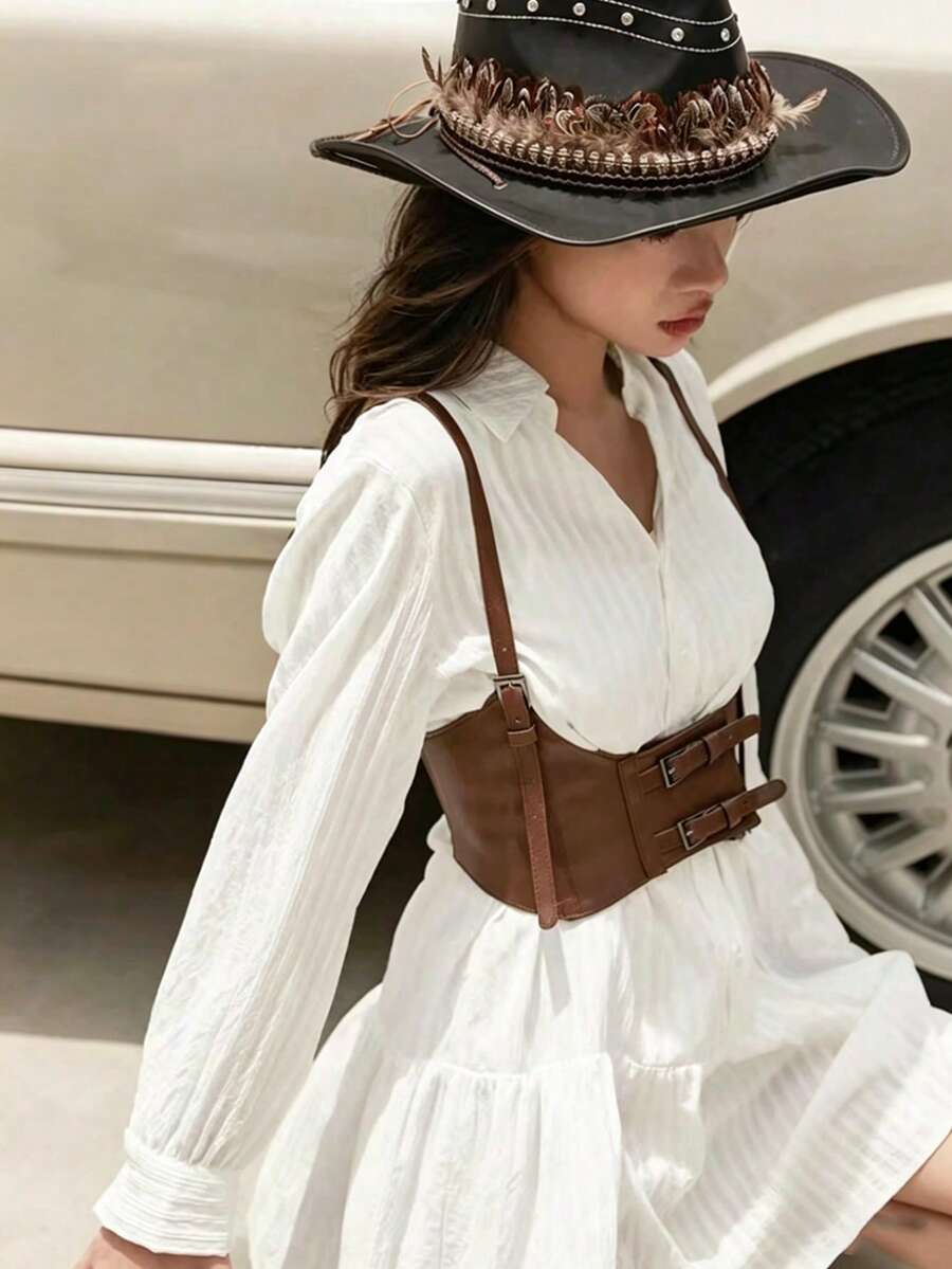 1件装女士棕色西部牛仔风格吊带连衣裙腰带朋克时尚束腰背心 - 棕色 - 查看 1