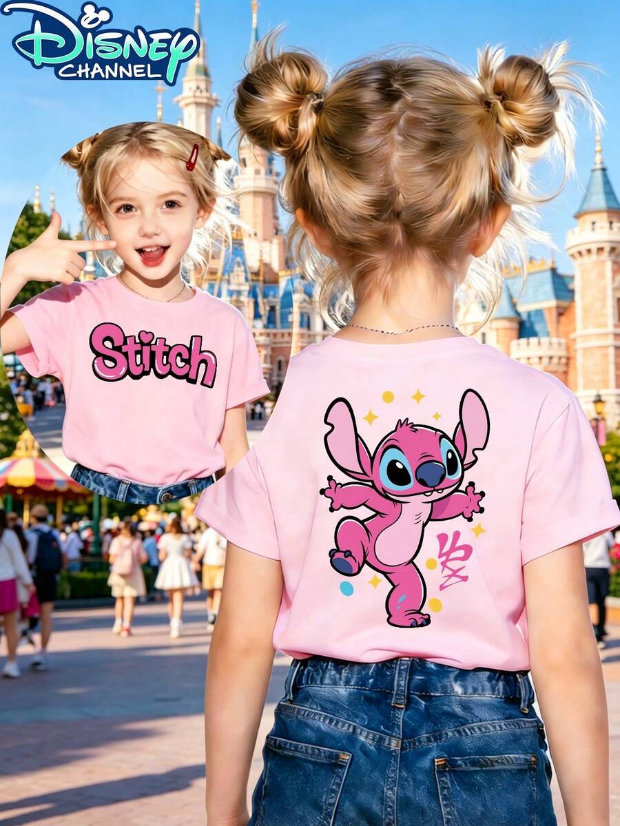 Disney Kids' T-Shirt - Stitch And Lilo Featuring A Double-Sided Cartoon Print Design. This Pure Cotton, Short-Sleeve Crewneck Tee Is Perfect For Summer, Offering A Casual And Adorable Style. Comfortable And Loose-Fitting, It Is Suitable For Both Boys And Girls-Ideal For Parties And Playtime. Machine Washable. This Children's Garment Makes An Excellent Gift For Kids And Is Perfect For Everyday Wear, Vacations, And Outdoor Activities. - 粉色 - 查看 1