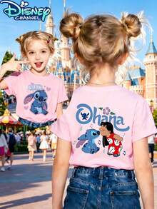 Disney Kids' T-Shirt - Stitch And Lilo Ohana Featuring A Double-Sided Cartoon Print Design. This Pure Cotton, Short-Sleeve Crewneck Tee Is Perfect For Summer, Offering A Casual And Adorable Style. Comfortable And Loose-Fitting, It Is Suitable For Both Boys And Girls-Ideal For Parties And Playtime. Machine Washable. This Children's Garment Makes An Excellent Gift For Kids And Is Perfect For Everyday Wear, Vacations, And Outdoor Activities. - 粉色 - 查看 1