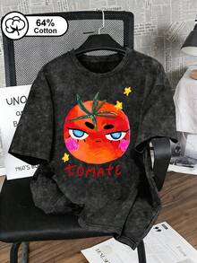 大码女式休闲日常T恤，趣味番茄印花，复古水洗短袖T恤，俏皮个性风格，夏季休闲上衣，黑色印花 - 黑色 - 查看 1