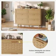 MISNODE Cassettiera/credenza in legno e rattan, cassettiera in stile boho con 6 cassetti, cassettiere e credenze per sala da pranzo, soggiorno e camera da letto, mobili in rattan, 115L x 40P x 80A cm, colore rovere - Colore rovere (6 cassetti) - Visualizzare 5
