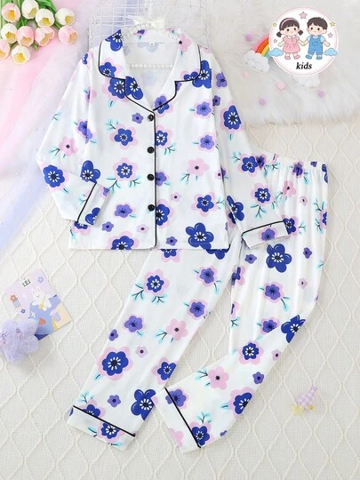 2026 New Spring 2pcs/Set Girls' Casual Floral Print Lapel Long Sleeve Cardigan And Pants Sleepwear Set, Flame Retardant, All Season