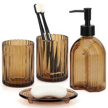 Reeded Glass Tumbler Set Of 4 - 330ml &400ml Amber Bathroom Accessories, Vertical Ribbed Design For Modern Home Decor, Minimalist Countertop Storage - 330ml - View 4