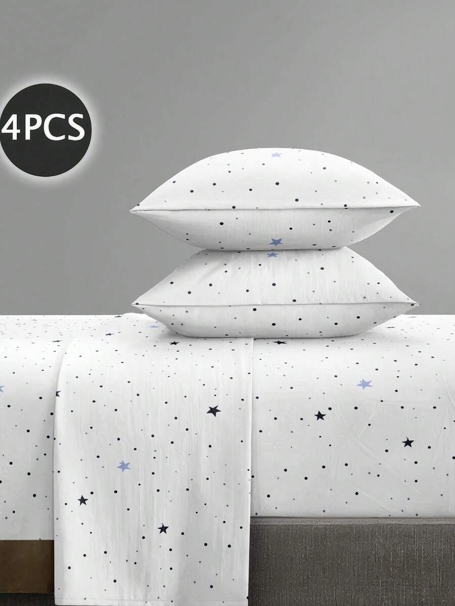 4件組白色波點與星星圖案床上用品套裝,柔軟舒適易打理,花卉圖案床單套組(1件床單 + 1件床裙 + 2件枕套),適用於特大號、大號、全尺寸、單人床,深口袋床裙設計,枕套最大可達11.8英吋,柔軟透氣,抗皺 - 白色 - 查看 1