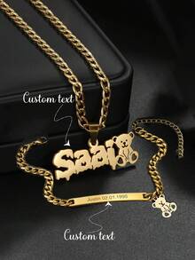 1 PC New Customized Name Jewelry, Stainless Steel Cute Bear Pendant,Each With Different Meanings And Blessings, Engraved Name, 18K Gold-Plated Stainless Steel, Teen's Bracelet And Necklace Set, Birthday Gift Sunflowers Gold Fall Fashion, Casual, 2000s Fashion, Cuties Custom, Personalized, Unique Ideal Gifts For Her Girlfriend - Gold - View 9