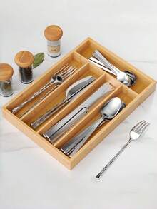 1pc Bamboo Kitchen Drawer Organizer, Silverware Cutlery Tray, Kitchen Utensil Holder And Drawer Organizer, Household Essential Kitchen Utensil Storage For Women Storage Organizer Travel Essentials Back To School Dormitory Storage Fall Decor - Khaki - View 8