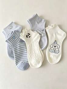 5 Pairs Random Delivery Light Blue Puppy Socks, Women's Cotton Mid-Calf Socks, Cute Cartoon Breathable Ankle Socks For Spring/Summer, Versatile For Girls And Students - Multicolor - View 7