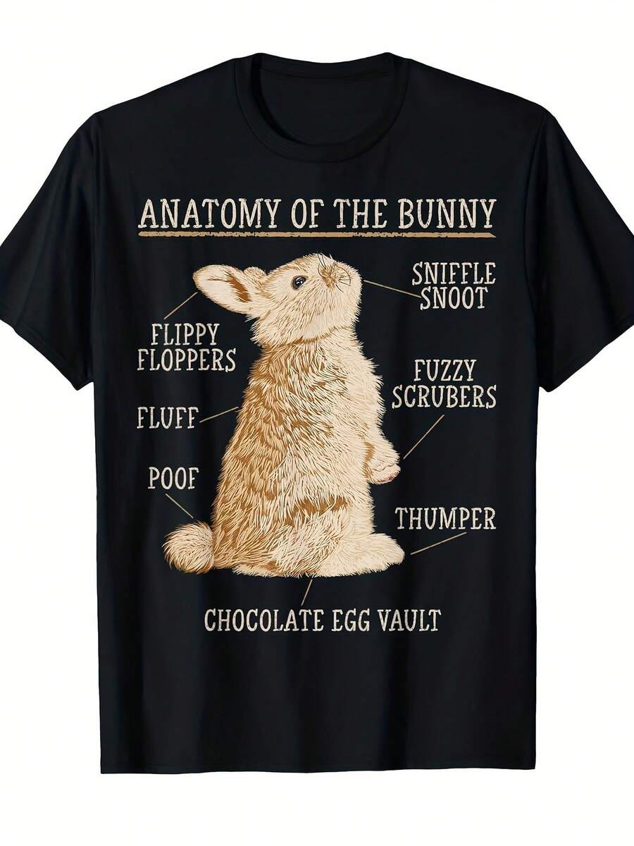 Women's Rabbit Anatomy Pattern T-Shirt - Fun Rabbit Enthusiast Printed With Rabbit Body Parts Labels, Casual Pet Owner Short Sleeve T-Shirt, Comfortable Daily Wear And Rabbit Care Science - Black - View 1
