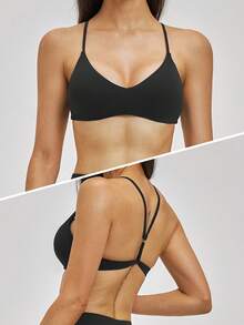 MASKERT Áo bra thể thao nữ dây mảnh cổ chữ V lưng chéo, áo tank top yoga tập luyện thể thao cho tập gym và fitness - màu đen - Xem 4