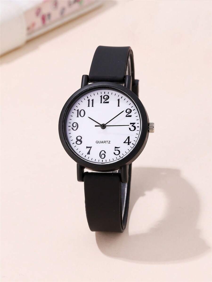 Reloj de cuarzo minimalista con esfera numérica y correa de silicona para niños - Negro - Ver 1