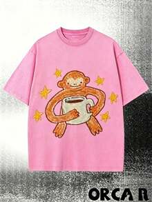 Vintage Washed BlackT-Shirt, Cute Cartoon Monkey With Coffee Cup & Yellow Stars Print Tee,Retro Distressed Oversized Short Sleeve Casual StreetwearTop - 紅色 - 查看 8