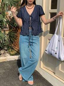 Blusa corta de manga corta azul marino con lazada frontal y dobladillo deshilachado – Estilo romántico para primavera/verano, ideal para San Valentín y bodas - Azul - Ver 8