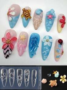 海洋主題蘭花櫻花花卉矽膠美甲印花板 海龜海星貝殼泡泡美甲雕花模板 夏季海灘度假凝膠指甲油印刷美甲印花模具美甲工具 - 無色 - 查看 9