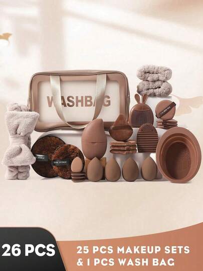 26PCS Makeup Tools Set Including:1pc Multi-Functional Zipper Toiletry And Cosmetic Bag Waterproof+1pc Hairband+2PCS Hand Bowl Strap+2PCS Facial Cleansing Sponges+4PCS Makeup Sponges+4PCS Mini Air Cushion Powder Puffs+4PCS Triangle Powder Puffs+4PCS Air Cushion Powder Puff+2PCS Makeup Brush Cleaning Tools+1pc Facial Ice Compress+1pc Silicone Face Washing Tool