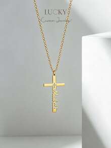1pc Customized Name Necklace, Stainless Steel Cross Pendant Necklace, Personalized Birthday Gift For Women, Minimalist Daily Style, Includes Gift Box, Suitable For Valentine's Day, Birthday, Mother's Day, Everyday Gift,Jewellery For Ladies, Customized Necklace - Gold - View 5
