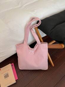1 pieza Bolso de hombro tipo tote con estampado de letras de pana, adecuado para ir al trabajo, bolso escolar literario y para libros para mujeres o estudiantes, perfecto para libros, compra - Rosa 3 - Ver 8