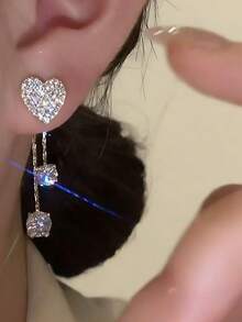 1 Đôi bông tai tua rua hình trái tim tối giản đính đá Cubic Zirconia, bông tai nữ đính đá lấp lánh, thích hợp cho các dịp hẹn hò và lễ hội. - Vàng - Xem 3
