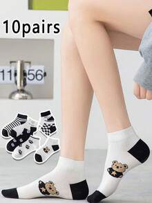 10 pares de calcetines bajos cómodos y transpirables con diseño de oso y cuadros para mujer, aptos para uso diario en todas las estaciones - Multicolor - Ver 2