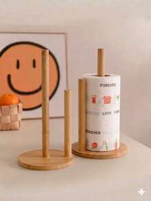1pc Wooden Tissue Box Holder, Cling Film Dispenser, No-Installation Paper Towel Rack, Suitable For Kitchen And Bathroom (Color May Vary Slightly Due To Lighting) - Khaki - View 1