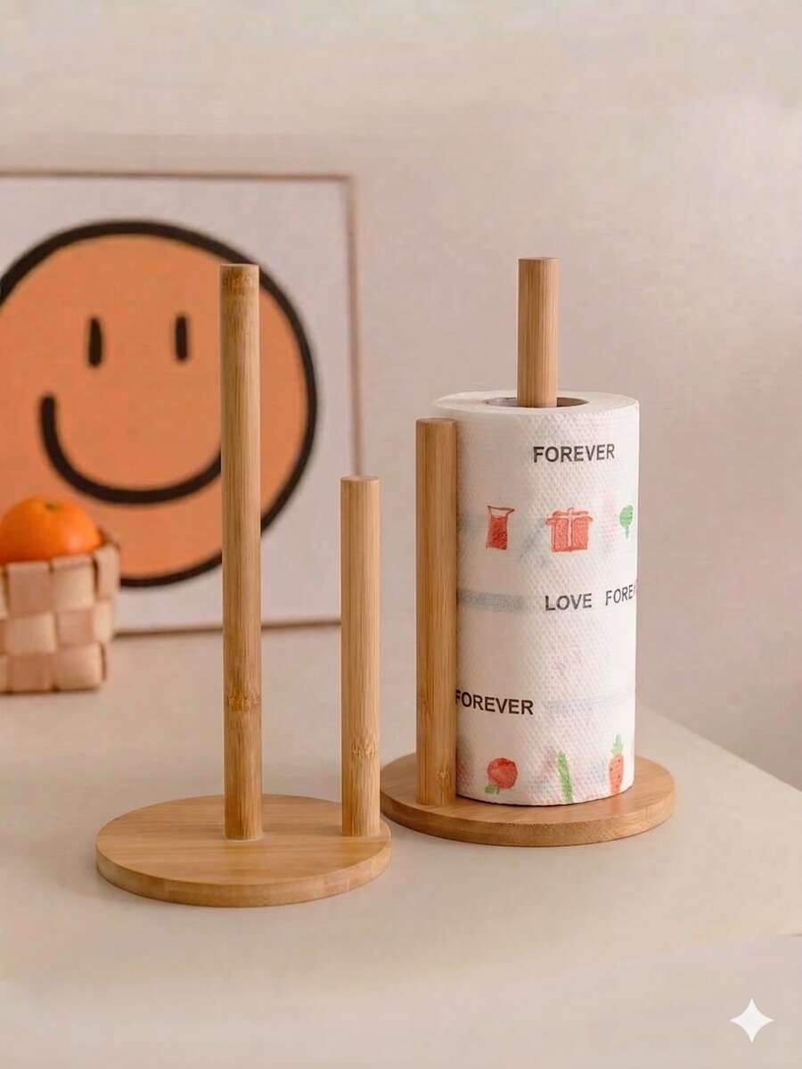 1pc Wooden Tissue Box Holder, Cling Film Dispenser, No-Installation Paper Towel Rack, Suitable For Kitchen And Bathroom (Color May Vary Slightly Due To Lighting) - Khaki - View 1