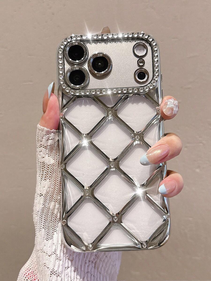 Luxury Rhinestone Inlaid Diamond Pattern Silver Plated Soft Phone Case Compatible With IPhone 17 Pro Max/17 Pro/17/16 Pro Max/16/16 Pro/15/15 Pro Max/15 Pro/13/14 Pro Max/13 Pro/13 Pro Max/14 Pro/14 Pro Max, Electroplated Craftsmanship
