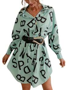 Women Irregular Hem Midi Dress, Letter Print Long Sleeve Lapel Neck High Waist Dress - Azul - Ver 2