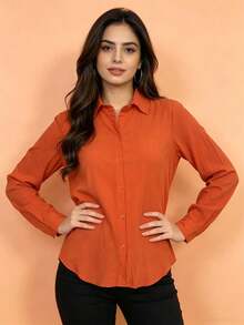 Women's Long-Sleeved Shirt Made Of Beautiful Viscose Fabric. - 橘色 - 查看 1