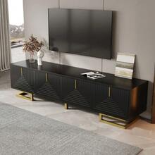 TV Unit, Low Sideboard With Textured Doors, TV Unit, Gold Handles And Legs. - Black - View 2