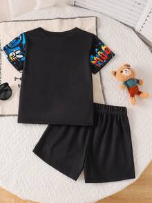 2pcs/Set Summer Bear Crown & Letter Print Round Neck Short Sleeve Top And Shorts Set, For 3-7 Years Old, Suitable For Sports, Casual, Outdoor Activities - Black - View 2