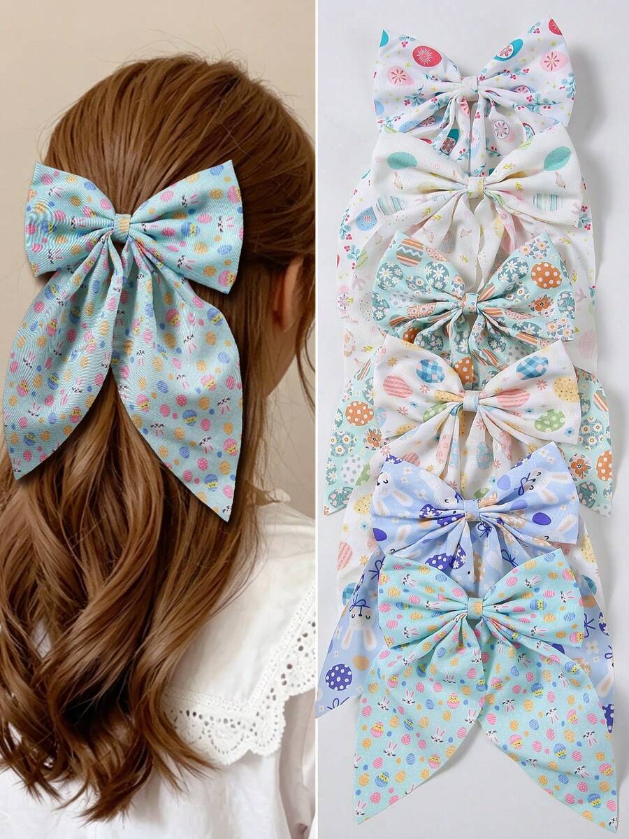 6pcs/Set Girls Easter Bunny/Egg Print Bow Hair Clips, Bow Hair Accessories, Everyday Use - Multicolor - View 1