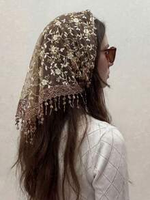 1件装女士时尚花卉蕾丝边三角围巾/头巾，节日款 - 咖啡 - 查看 3