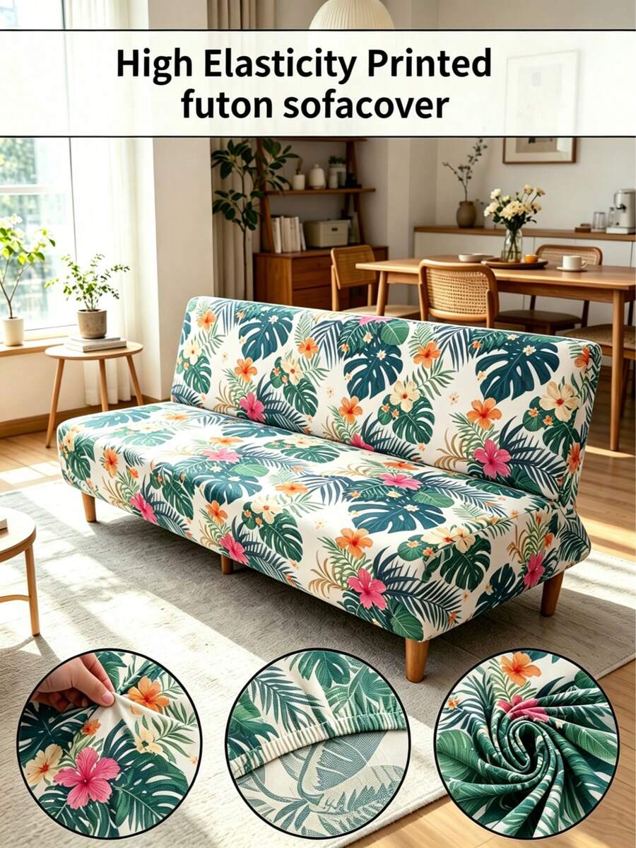 Capa para sofá/cama sem braços, em poliéster elástico com estampa digital de folhas da floresta tropical (1 peça), à prova de poeira e resistente à sujeira, ideal para sala de estar, quarto, todas as estações e para momentos de lazer no verão.