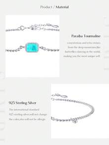 Vòng tay bạc S925 cao cấp đính đá Tourmaline Paraiba hình chữ nhật, trang sức thời trang làm quà tặng cho phụ nữ. - Bạc - Xem 8
