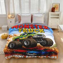 1PC Monster Jam  Monster Truck Racing Flannel Throw Blanket 50"X60" (Multiple Sizes) -  Green Truck Flying In Dust, Action Shot, Tapestry Wall Hanging, Monster Truck Fan Gift, Room Decor, Perfect For Sofa, Bed, Office -280gsm - nhiều màu 9 - Xem 2