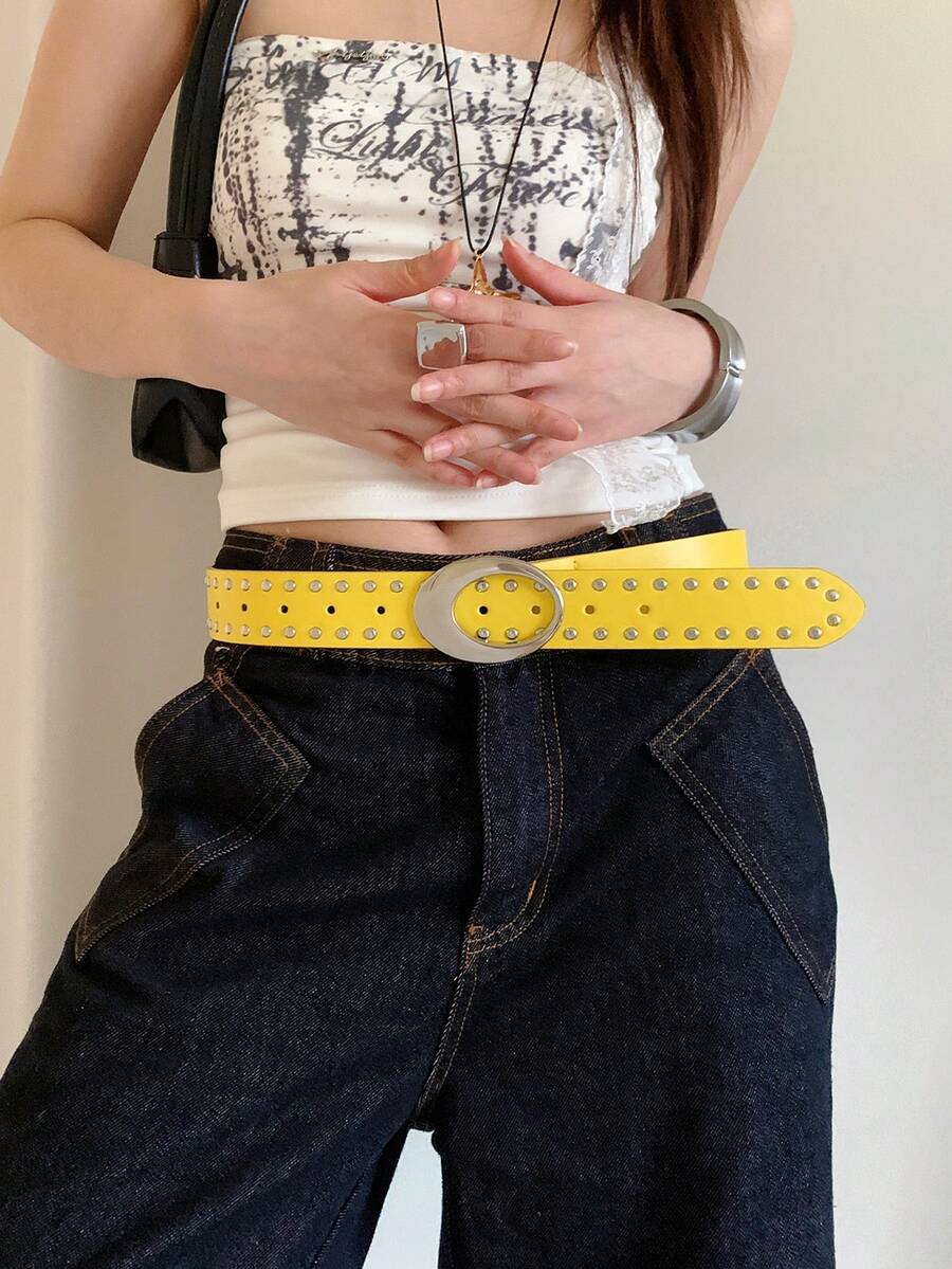 1pc Yellow PU Material Vintage Double-Row Rivet Belt For Women - Yellow - View 1