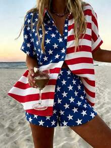 American Flag Star And Stripe All-Over Print Women's Lapel Button Shirt Set, Polyester Fabric, Lightweight And Breathable, Women's Clothing, Plus Size Women's Clothing, Plus Size Two-Piece Set, Regular Women's Clothing - Nhiều màu - Xem 1