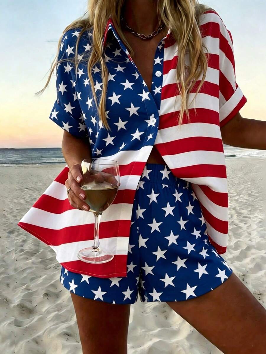 American Flag Star And Stripe All-Over Print Women's Lapel Button Shirt Set, Polyester Fabric, Lightweight And Breathable, Women's Clothing, Plus Size Women's Clothing, Plus Size Two-Piece Set, Regular Women's Clothing - Nhiều màu - Xem 1
